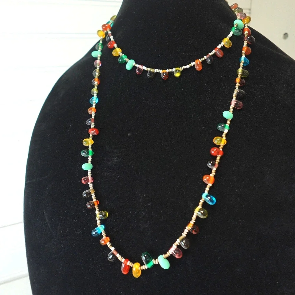 Vintage Rainbow Glass Beaded Necklace 40 inch Multicolors Teardrop Beads Boho